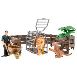 Игрушки фигурки в наборе серии "На ферме", 7 предметов (фермер, тигр и тигренок, 2 ограждения-загона, дерево, тележка) (ММ205-035)