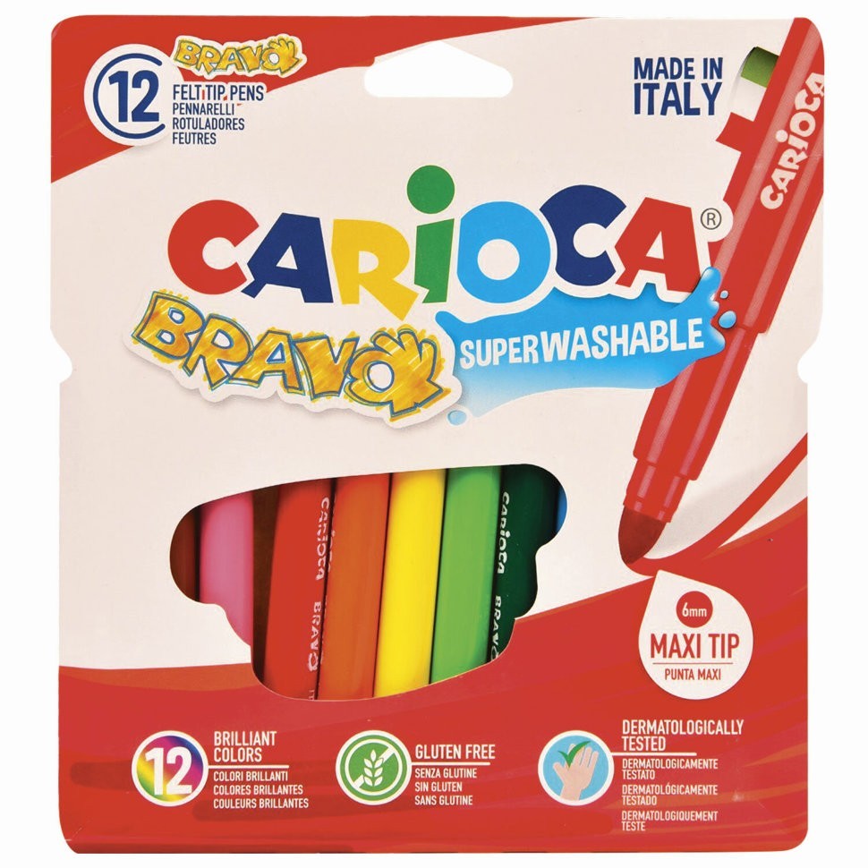 Фломастеры суперсмываемые утолщенные Carioca Bravo 12 цветов 42755 (66548)