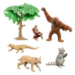 Набор фигурок животных серии "Мир диких животных": енот, рысь, орангутан с детенышем, варан, дерево (набор из 6 предметов) (MM211-223)