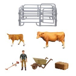 Игрушки фигурки в наборе серии "На ферме", 7 предметов (рыжая корова, теленок, фермер, ограждение-загон, аксессуары) (MM215-345)
